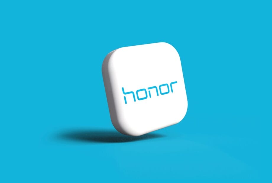 A white, rounded square block with the blue word honor on it, set against a solid blue background.