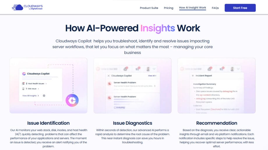 Screenshot of Cloudways AI Copilot webpage explaining how AI-powered insights work, with three sections: issue identification, diagnostics, and recommendations.