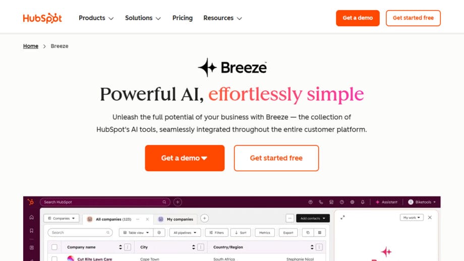 Screenshot of HubSpots Breeze AI tool webpage, showing headline, description, and orange call-to-action buttons above a dashboard interface.