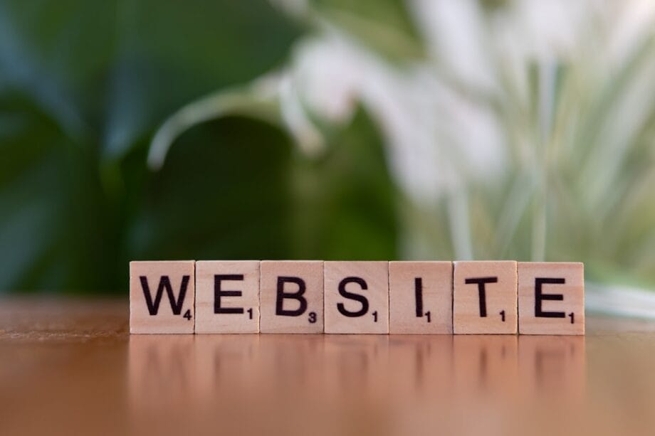 Wooden tiles on a table spell out WEBSITE with a green and white blurred background.