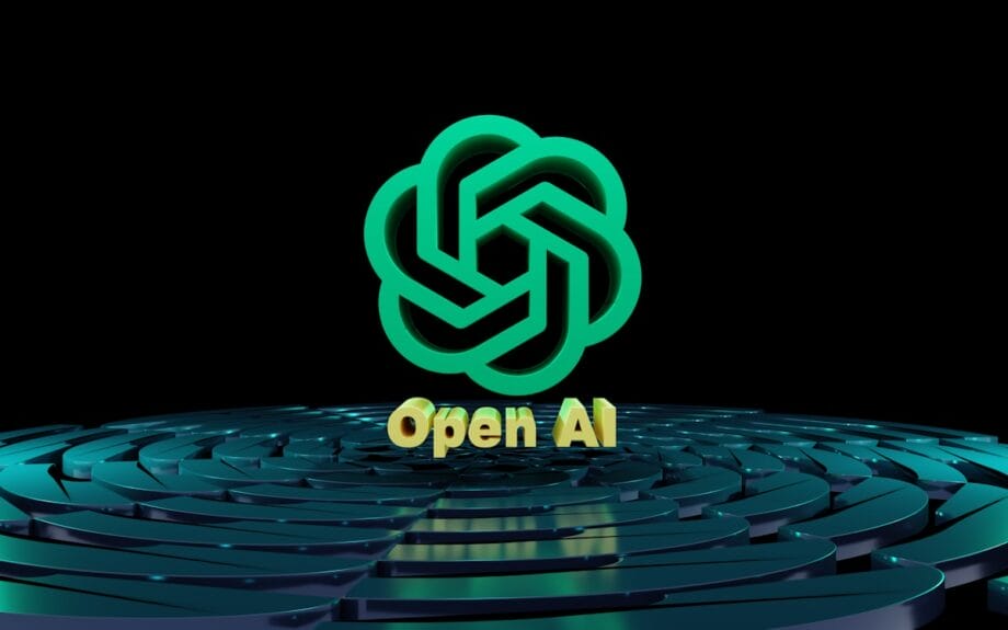 A 3D OpenAI logo in green hovers above the words Open AI on a circular, blue pattern against a black background.
