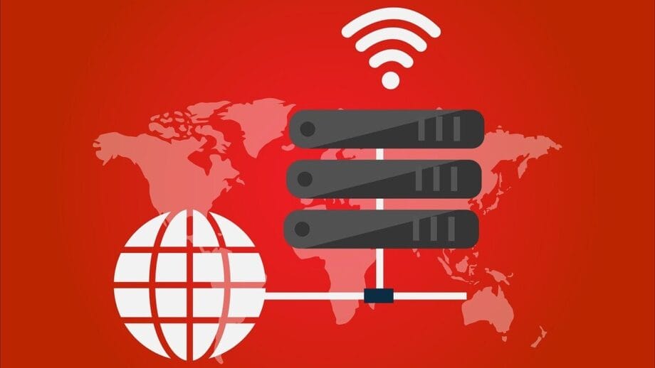 Illustration of a globe, three server stacks, and a Wi-Fi symbol over a world map, representing global internet or network connectivity.