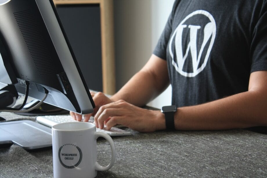 Person wearing a WordPress t-shirt typing on a keyboard at a desk with a computer monitor and a WordPress-themed mug.