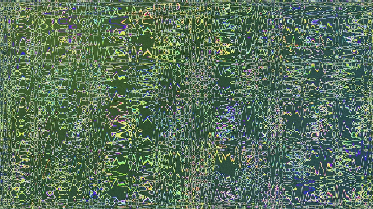 Abstract digital artwork featuring wavy, multicolored lines and shapes on a green background, creating a pattern of symmetry and distortion.