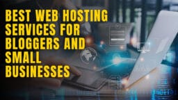 A person using a laptop with digital icons, overlaid with text: Best web hosting services for bloggers and small businesses.