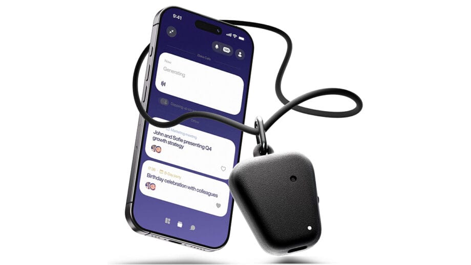 A smartphone displays Fieldy app and is attached to a wearable black Fieldy device on a lanyard.