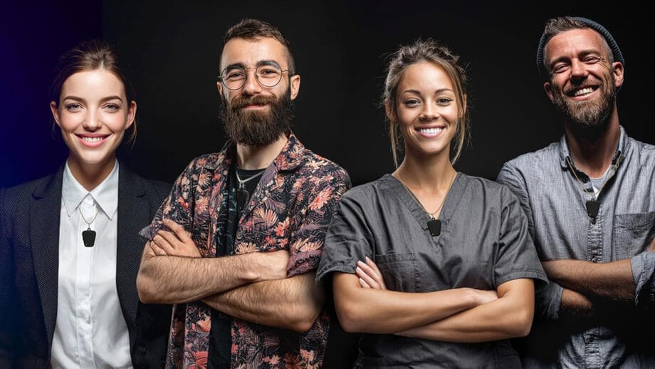 Four people stand side by side against a dark background, each smiling with arms crossed, wearing various professional attire and Fieldy device.