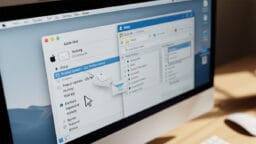 A computer screen displays an email being dragged from Apple Mail to Outlook on a desktop interface.