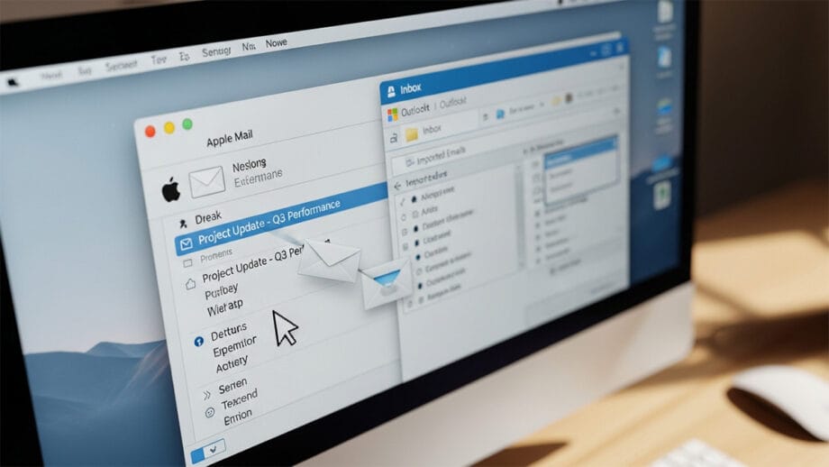 A computer screen displays an email being dragged from Apple Mail to Outlook on a desktop interface.