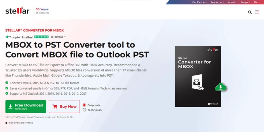 Screenshot of a webpage for Stellar Converter for MBOX, a tool to convert MBOX files to Outlook PST, featuring download and purchase options.