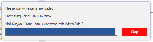 A progress window shows loading items from INBOX.mbox with a mail subject about loan approval and a Stop button.