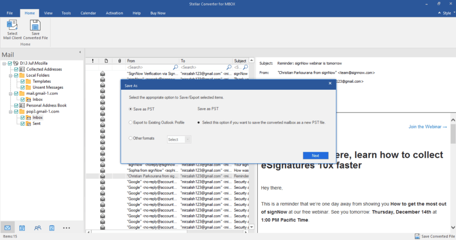 Stellar Converter for MBOX software window displays Save As options to export email data to PST, existing Outlook profile, or other formats.
