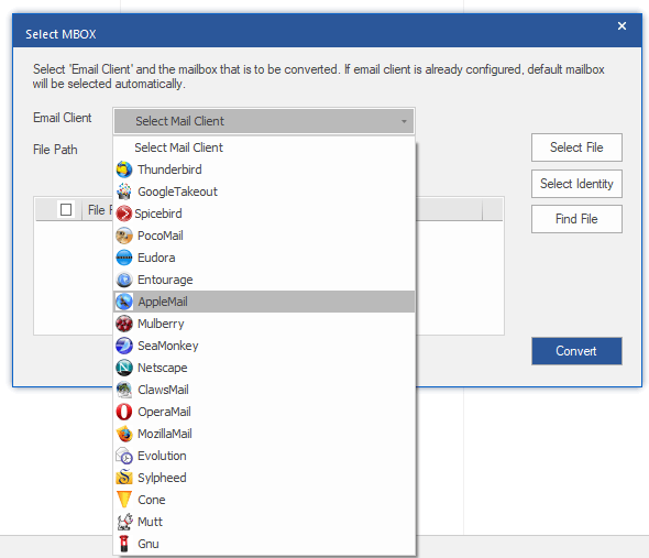 Screenshot of Stellar Converter for MBOX software window showing an Email Client dropdown menu with various mail clients listed for selection.