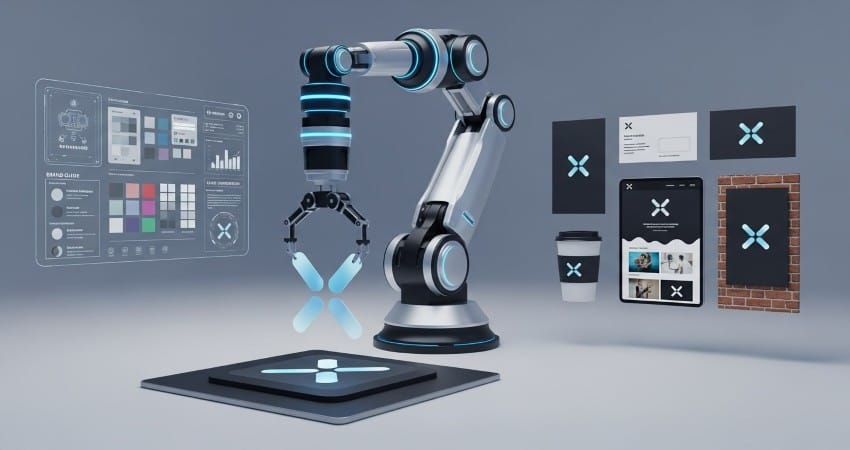 A robotic arm assembles a logo in a digital workspace with design interfaces and branding materials in the background.