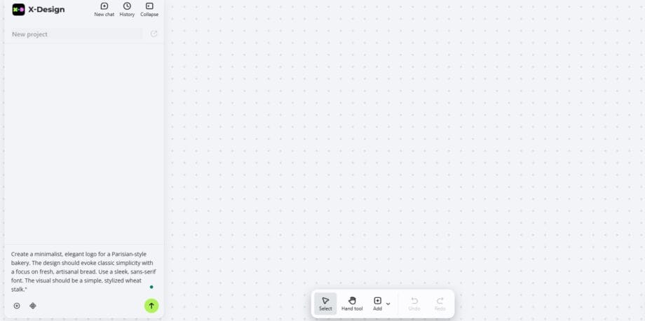 X-Design application interface showing a blank workspace, sidebar menu on the left, and toolbar at the bottom center.