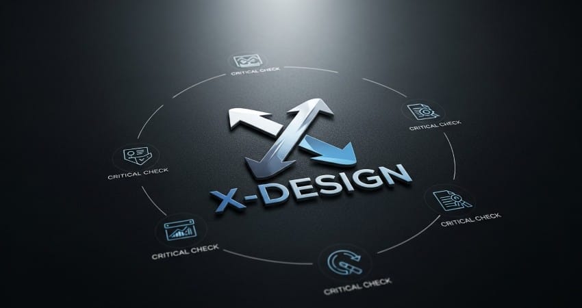 A metallic X-Design logo with arrows is centered, surrounded by icons and the text CRITICAL CHECK in a circular layout.