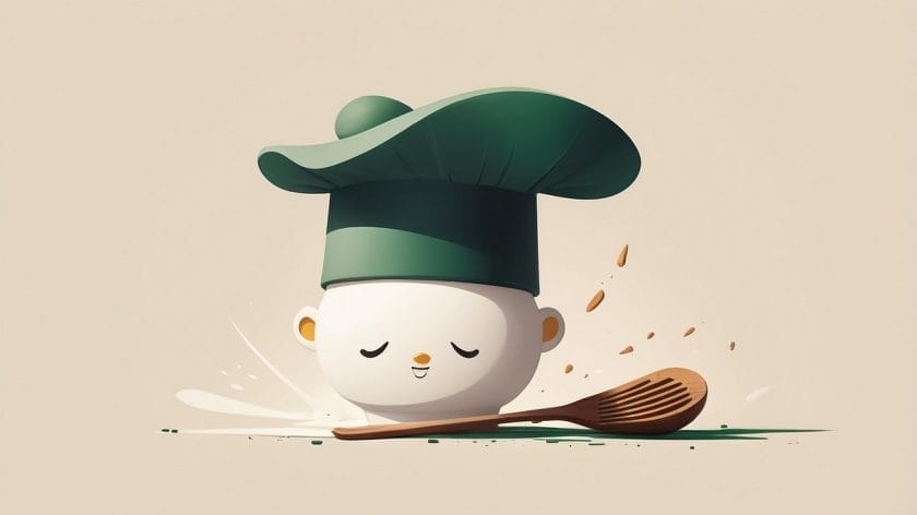 A cute cartoon chef with a large green hat sits beside a wooden spoon on a light background.