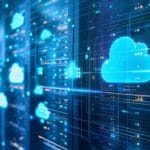 A row of servers in a data center with digital cloud icons representing cloud computing and data storage technology.