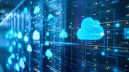 A row of servers in a data center with digital cloud icons representing cloud computing and data storage technology.