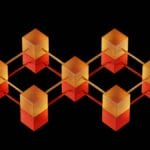 Eight orange-red cubes are connected by yellow rods in a geometric network, displayed on a black background.