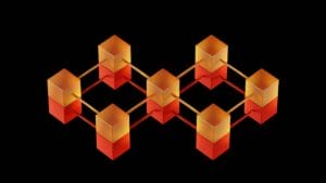 Eight orange-red cubes are connected by yellow rods in a geometric network, displayed on a black background.