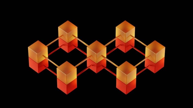 Eight orange-red cubes are connected by yellow rods in a geometric network, displayed on a black background.