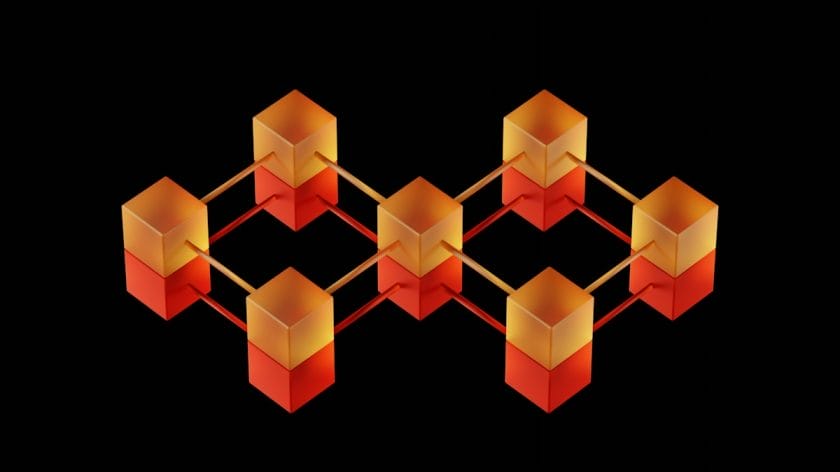 Eight orange-red cubes are connected by yellow rods in a geometric network, displayed on a black background.
