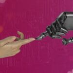 A human hand and a robotic hand reach toward each other, nearly touching, against a pink background with circuit-like patterns.