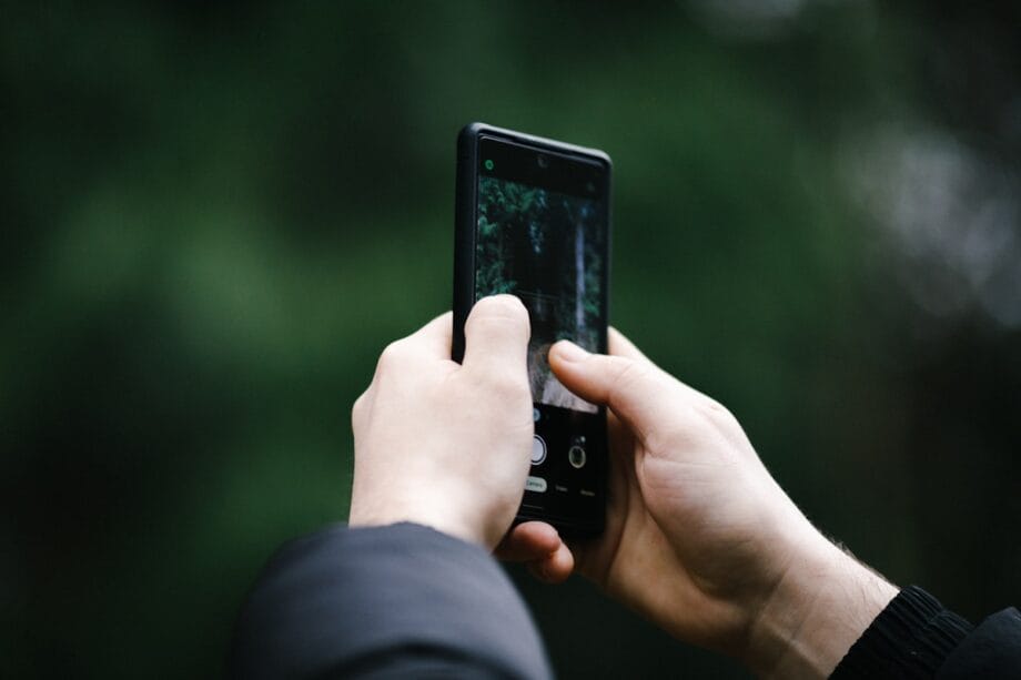 A person holds a smartphone with both hands, taking a photo of greenery outdoors.