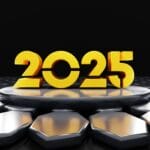 Large golden 2025 on a raised circular platform, surrounded by hexagonal metal tiles under dramatic lighting.