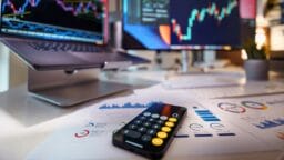 A smartphone calculator on financial documents with stock charts displayed on computer monitors in the background.