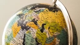 A globe showing parts of Europe, the Middle East, and Asia, with country names and borders clearly visible.