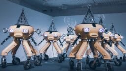 A group of humanoid robots with wheeled legs and cone-shaped heads stand together in a room with a white ceiling.
