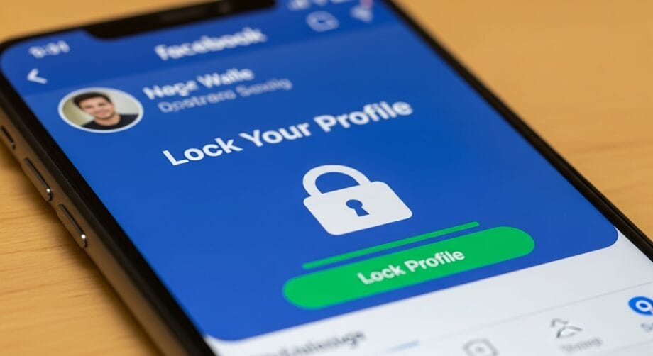 A smartphone screen displays a Facebook profile with an option to lock the profile, featuring a padlock icon and green Lock Profile button.