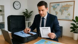 A man in a suit sits at a desk packing a suitcase and holding a checklist, with a world map and plants in the background.