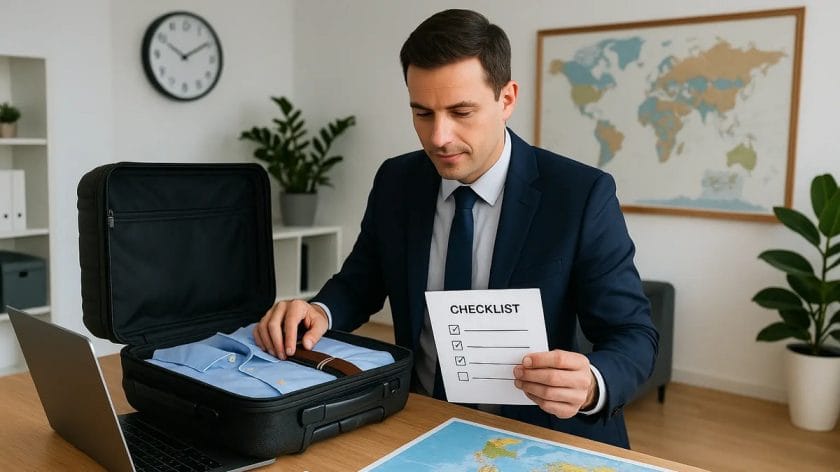 A man in a suit sits at a desk packing a suitcase and holding a checklist, with a world map and plants in the background.