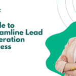 A woman in a beige blazer stands smiling next to text reading Guide to Streamline Lead Generation Process on a white and green background.