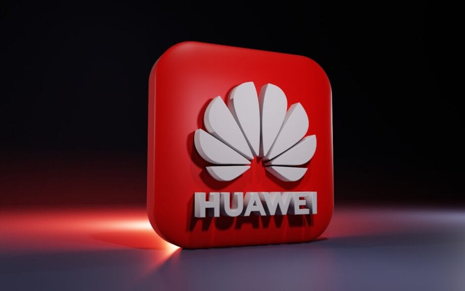 A 3D red square icon with the white Huawei logo and text on a dark background.