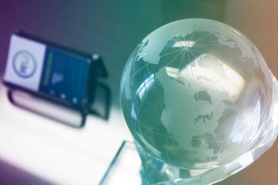 A frosted glass globe sits on a desk beside a mesh card holder with business cards.