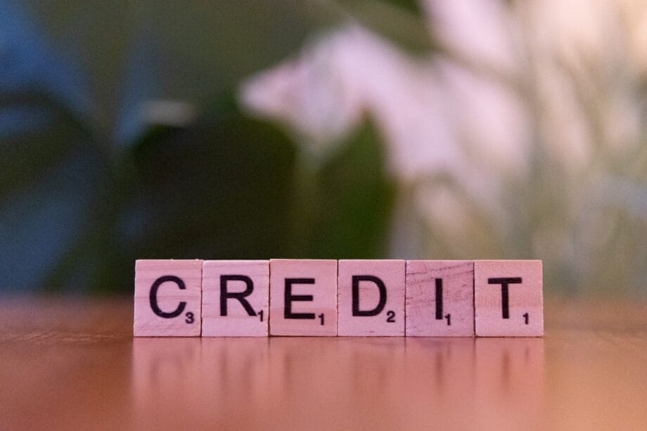 Wooden Scrabble tiles spell CREDIT on a wooden surface with green, blurred foliage in the background.