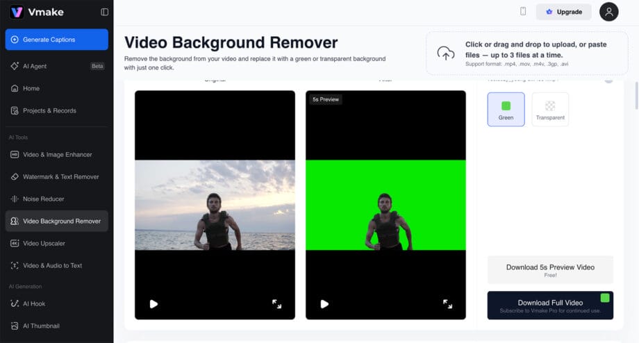 Vmake AI Video Background Remover tool displays a before-and-after comparison of a man running, with the background changed to green on the right.
