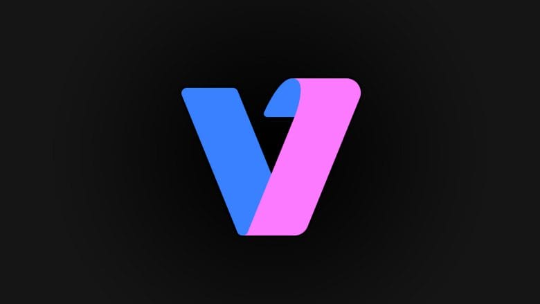 A logo of Vmake AI Video Background Remover, where a stylized letter V is split into blue on the left and pink on the right, set against a black background.