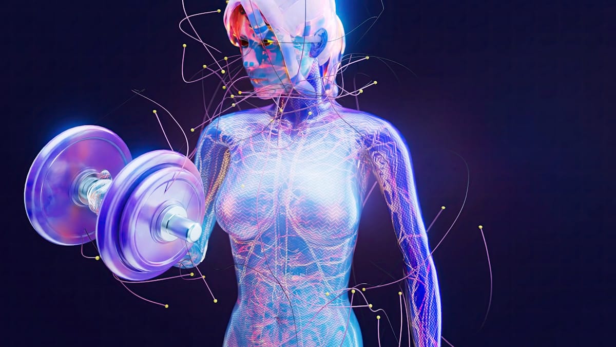 A digital illustration of a translucent human figure lifting a dumbbell, highlighting muscles, nerves, and neural pathways.