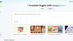 X-Design app interface with options to create, recent project previews, and a large input box for design ideas.