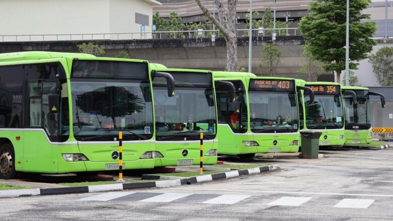 Four green public buses are parked in a row at a bus interchange, with bus numbers 403 and 354 visible on their displays.