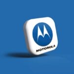 A 3D square icon with Motorolas blue logo and the word Motorola below it on a solid blue background.