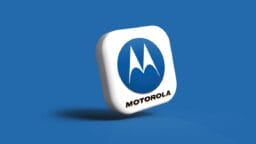 A 3D square icon with Motorolas blue logo and the word Motorola below it on a solid blue background.