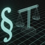 A digital illustration of a paragraph symbol and scales of justice on a grid background.