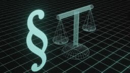 A digital illustration of a paragraph symbol and scales of justice on a grid background.