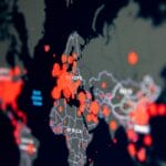 A digital world map showing red circles indicating data clusters, with Europe and parts of Africa and Asia highlighted.